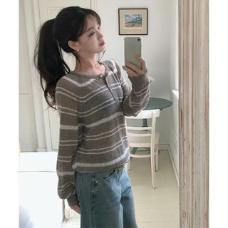 Lower Henley Neck Striped Button Knit