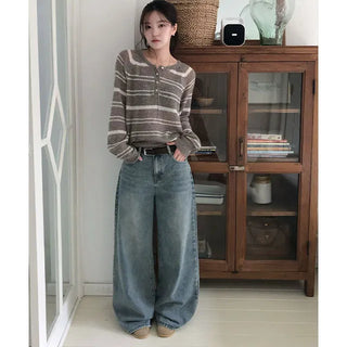 Lower Henley Neck Striped Button Knit