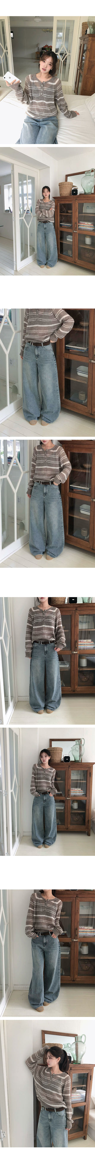 Lower Henley Neck Striped Button Knit
