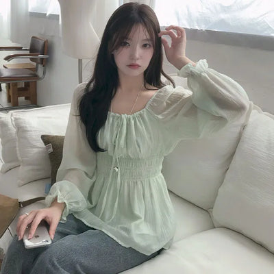 Chion Shirred Square Off-Shoulder Blouse