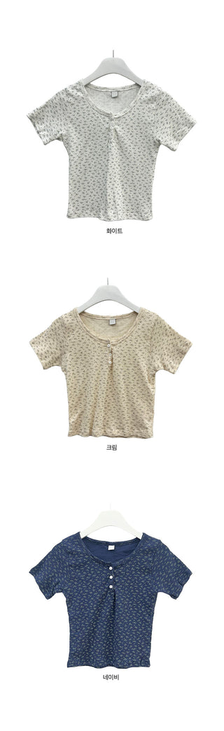 Flo Small Floral Henley Neck Crop Short Sleeve T-shirt