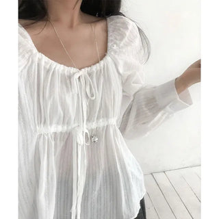 Song's Ribbon Lace Shirring Square Blouse