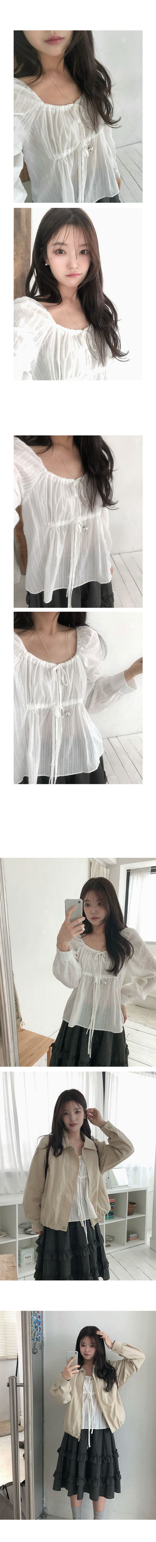 Song's Ribbon Lace Shirring Square Blouse