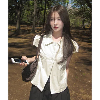 Wea Cap Sleeve Button Short Sleeve Blouse