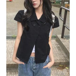 Hari Cap Sleeve Double-Button Collar Blouse