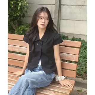 Hari Cap Sleeve Double-Button Collar Blouse