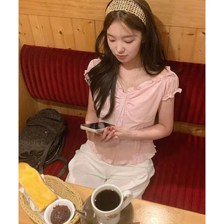 Neko Seersucker Check Off-Shoulder Blouse