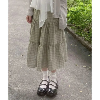 Popori Check Midi Long Skirt