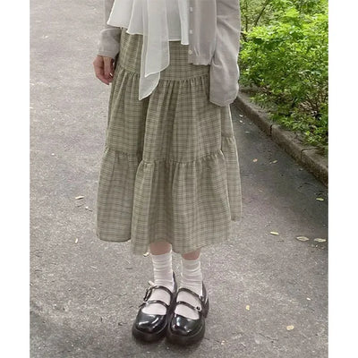 Popori Check Midi Long Skirt