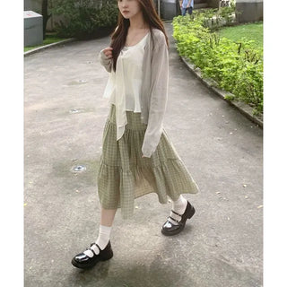 Popori Check Midi Long Skirt