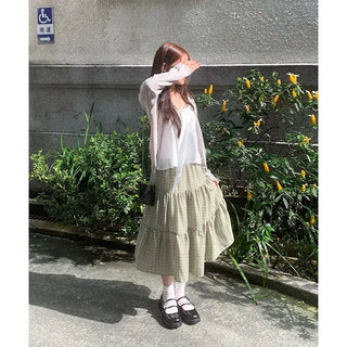 Popori Check Midi Long Skirt