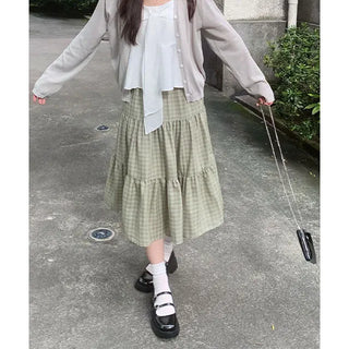 Popori Check Midi Long Skirt