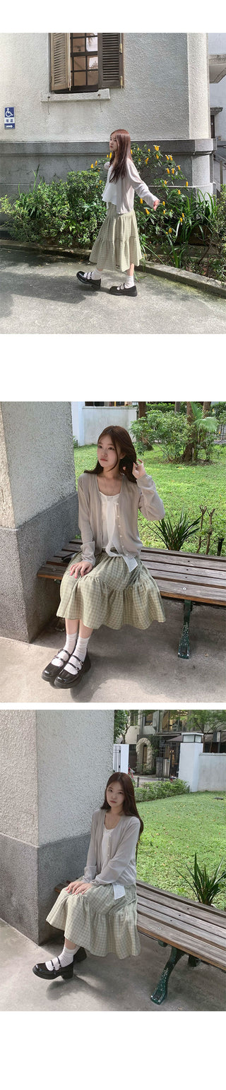 Popori Check Midi Long Skirt