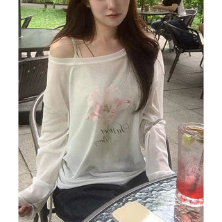 Aeri See-through Shirred Off-Shoulder Shirred Long Sleeve T-Shirt