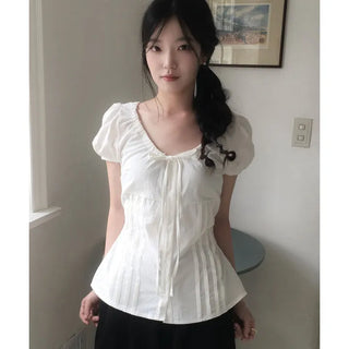 Clear Ribbon Shirred Pintuck Puff Short Sleeve Blouse