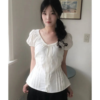 Clear Ribbon Shirred Pintuck Puff Short Sleeve Blouse