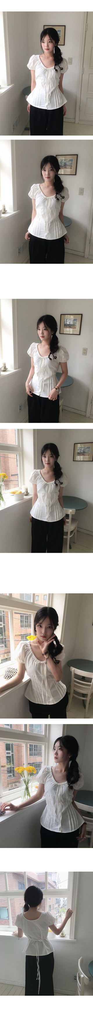 Clear Ribbon Shirred Pintuck Puff Short Sleeve Blouse