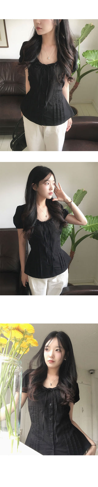 Clear Ribbon Shirred Pintuck Puff Short Sleeve Blouse