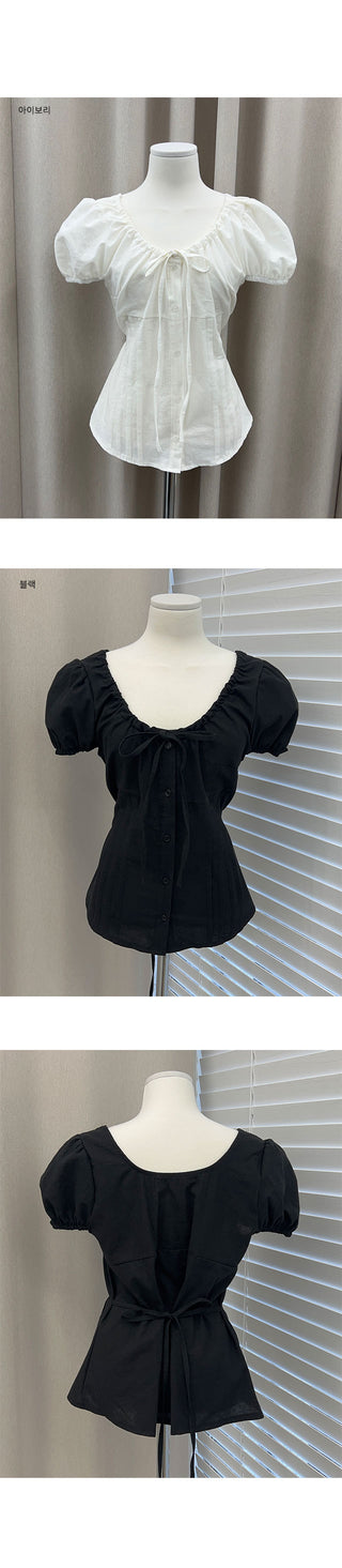 Clear Ribbon Shirred Pintuck Puff Short Sleeve Blouse