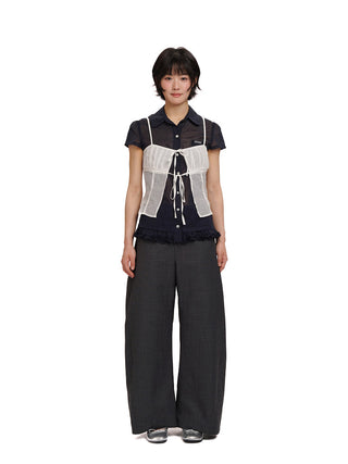[MOROMORO] pleated shirt top