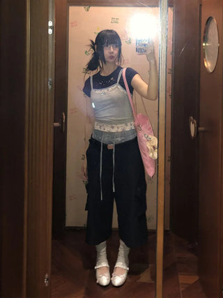 [MOROMORO] rhinestone patchwork tee