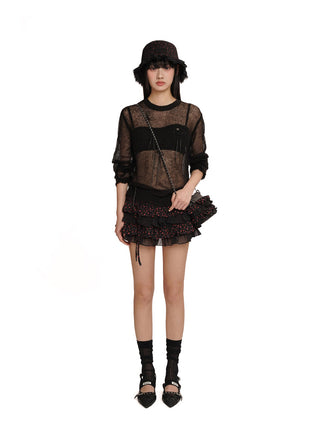 [MOROMORO] mesh pleated skirt