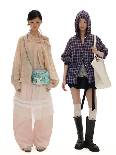 [MOROMORO] plaid hooded shirt