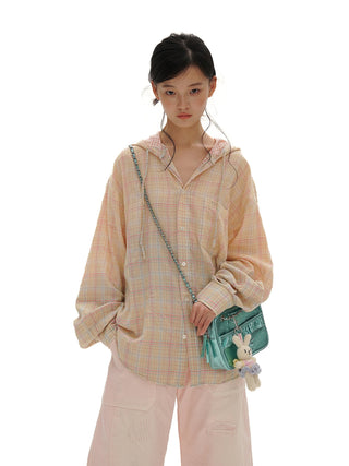 [MOROMORO] plaid hooded shirt