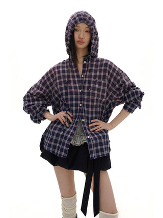 [MOROMORO] plaid hooded shirt