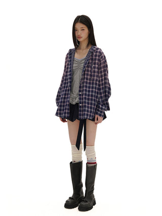 [MOROMORO] plaid hooded shirt
