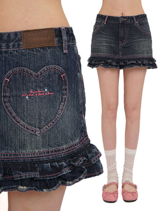 [MOROMORO] lace denim skirt