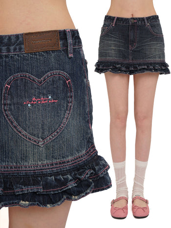 [MOROMORO] lace denim skirt