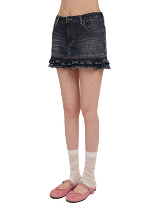 [MOROMORO] lace denim skirt