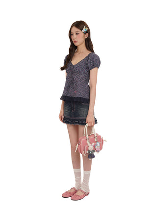 [MOROMORO] lace denim skirt