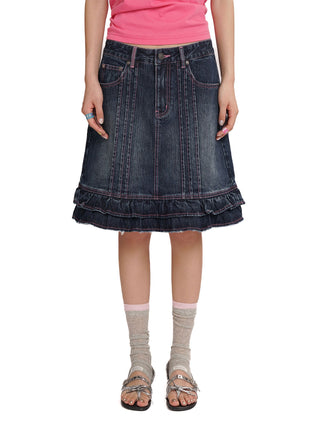 [MOROMORO] lace denim skirt