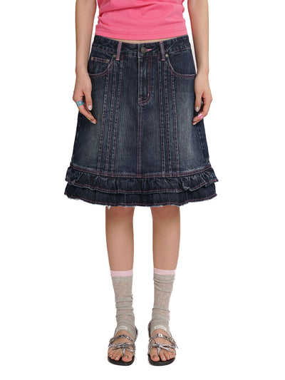 [MOROMORO] lace denim skirt