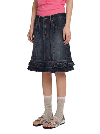 [MOROMORO] lace denim skirt