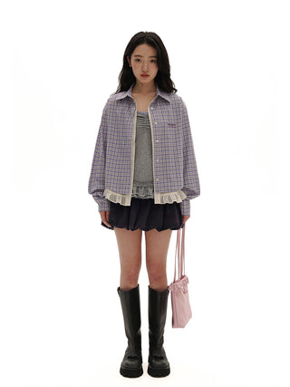 [MOROMORO] plaid lace shirt