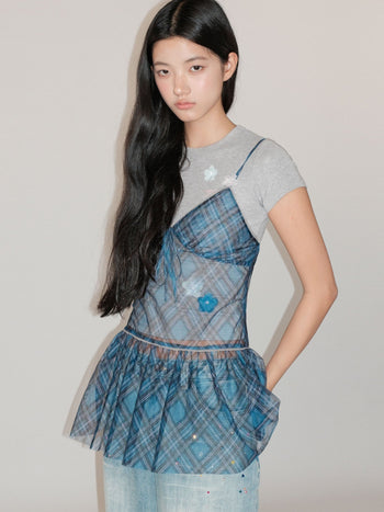 [MOROMORO] plaid suspender skirt