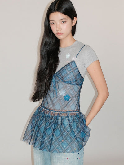 [MOROMORO] plaid suspender skirt