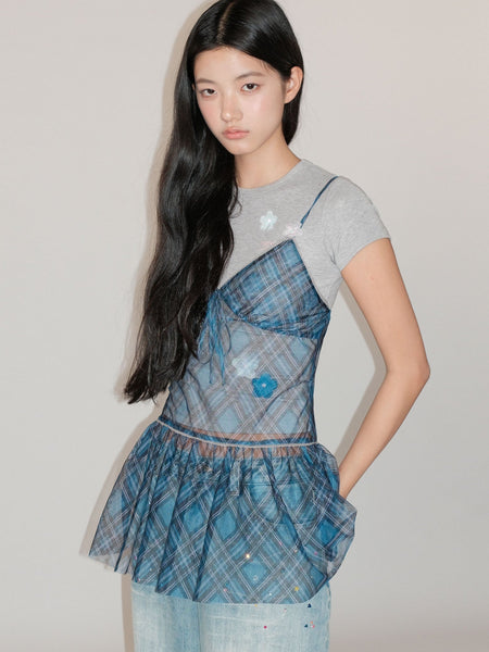 [MOROMORO] plaid suspender skirt