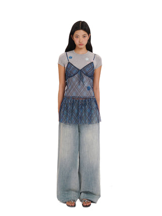 [MOROMORO] plaid suspender skirt