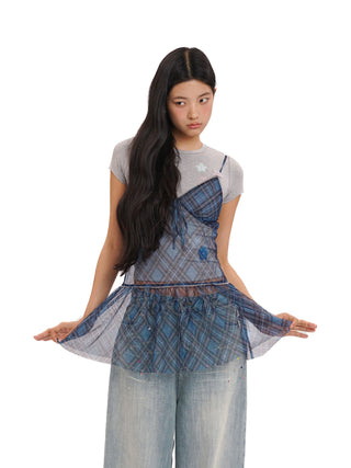[MOROMORO] plaid suspender skirt