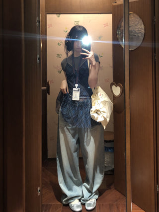 [MOROMORO] plaid suspender skirt