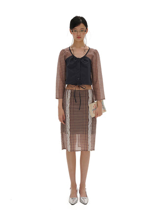 [MOROMORO] plaid slit skirt