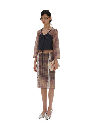 [MOROMORO] plaid slit skirt