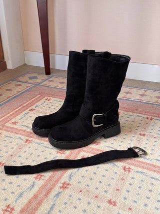 buckle suede boots