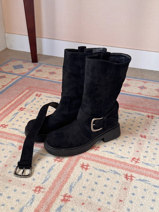 buckle suede boots