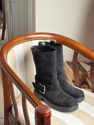 buckle suede boots