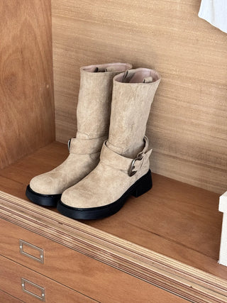 buckle suede boots